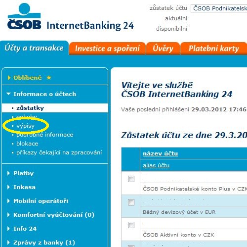 ČSOB InternetBanking 24 - банковские выписки получаем за два клика мышкой